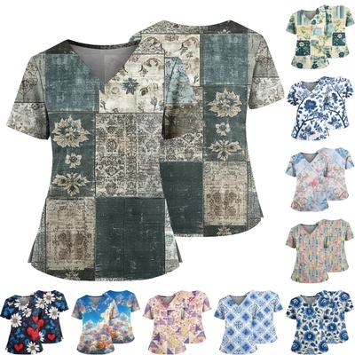 Женский повседневный топ с принтом, V-образным вырезом, карманом, боковым разрезом и короткими рукавами