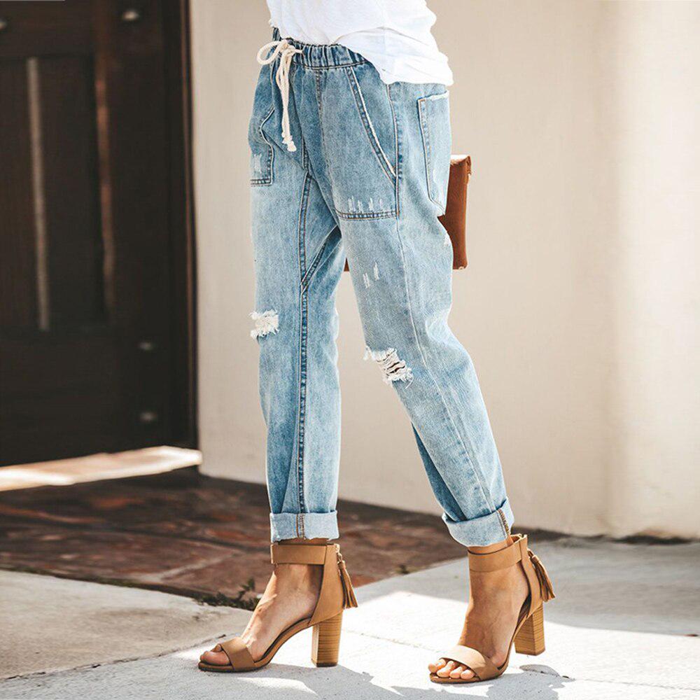 Рваные джинсы, винтажные повседневные брюки-карандаш с высокой талией в корейском стиле, женские брюки
