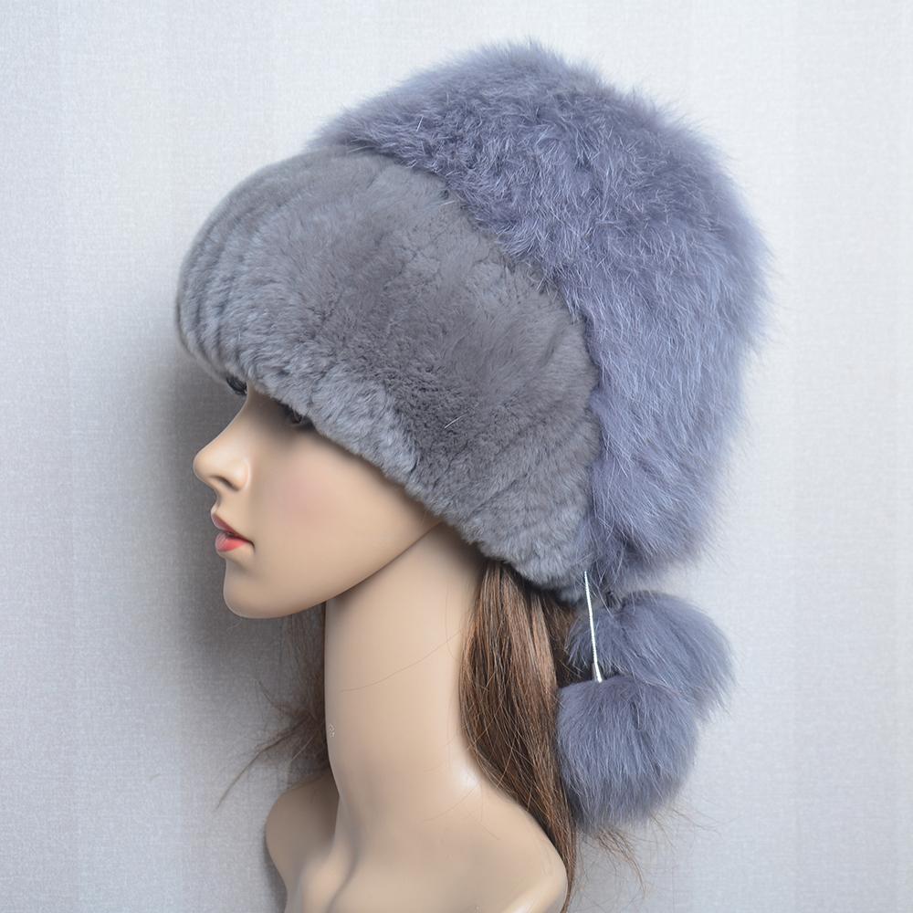 New Lady Winter Warm Natural Rex Rabbit Fur Hat Women Elastic Soft Handmade Knitted Real Fur Cap Fox Fur Beanies Hats