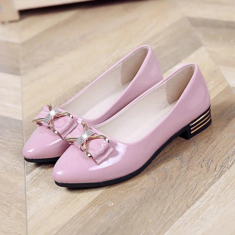 Heel Bow Knot Pumps Low Lacquer Leather Glossy Surface Womens Pointed Toe Shallow Mouth Slipon Simple Casual Commuting Work Shoes