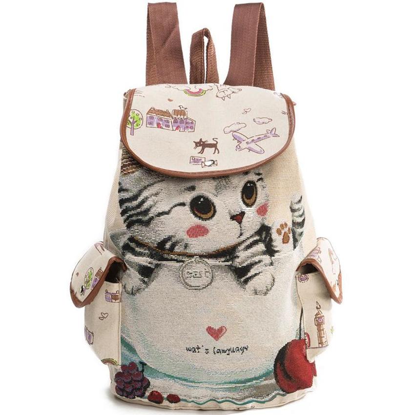 2021 Women Canvas Large Rucksack Ladies Cat Print School Bag Laptop Notebook Backpack