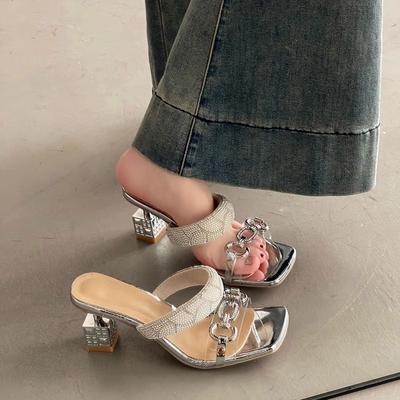 Пара тонких туфель на высоком каблуке, шлепанцы со стразами, женская обувь с квадратным носком, универсальные туфли на высоком каблуке