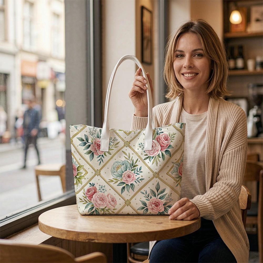 Elegant Floral Printed Tote Bag Vintage Daily Use Shoulder Handbag for Women Shopping Travel Casual Commute Carryall