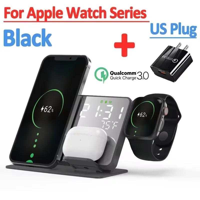Беспроводное зарядное устройство 3 в 1 для Apple Samsung Galaxy Watch 6 5 Pro S24 S23 S22 Быстрая зарядная станция Будильник Подставка-зарядка для телефона