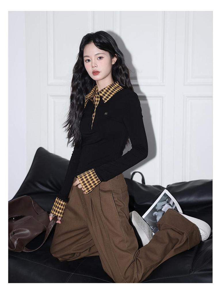 Женский осенний приталенный топ в клетку, имитация двойки, с длинным рукавом и воротником поло