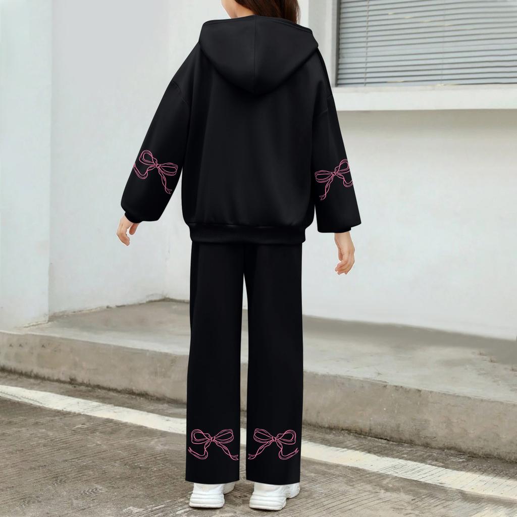 Kids' Plush Long Sleeve Long Pants Loose Pullover Bow Print Hoodie Set