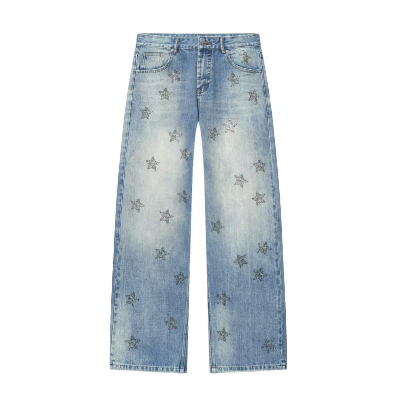 2026 Wide Leg Denim Pants Low Waist Rhinestone Fashion Jeans Women
