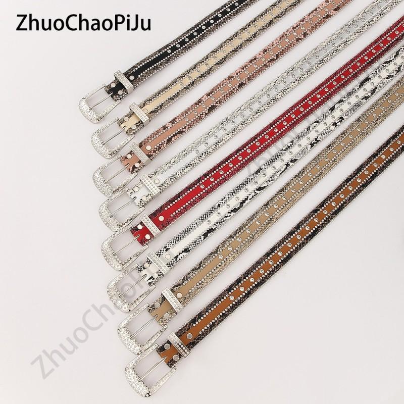 Womens Fashion Belt Punk Rivet Rhinestone Snake PU Leather Waistband Jeans Dresses