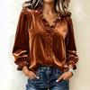 1116 Europe, America, women's new solid color velvet ruffle edge collar long-sleeved V-neck top with buttons
