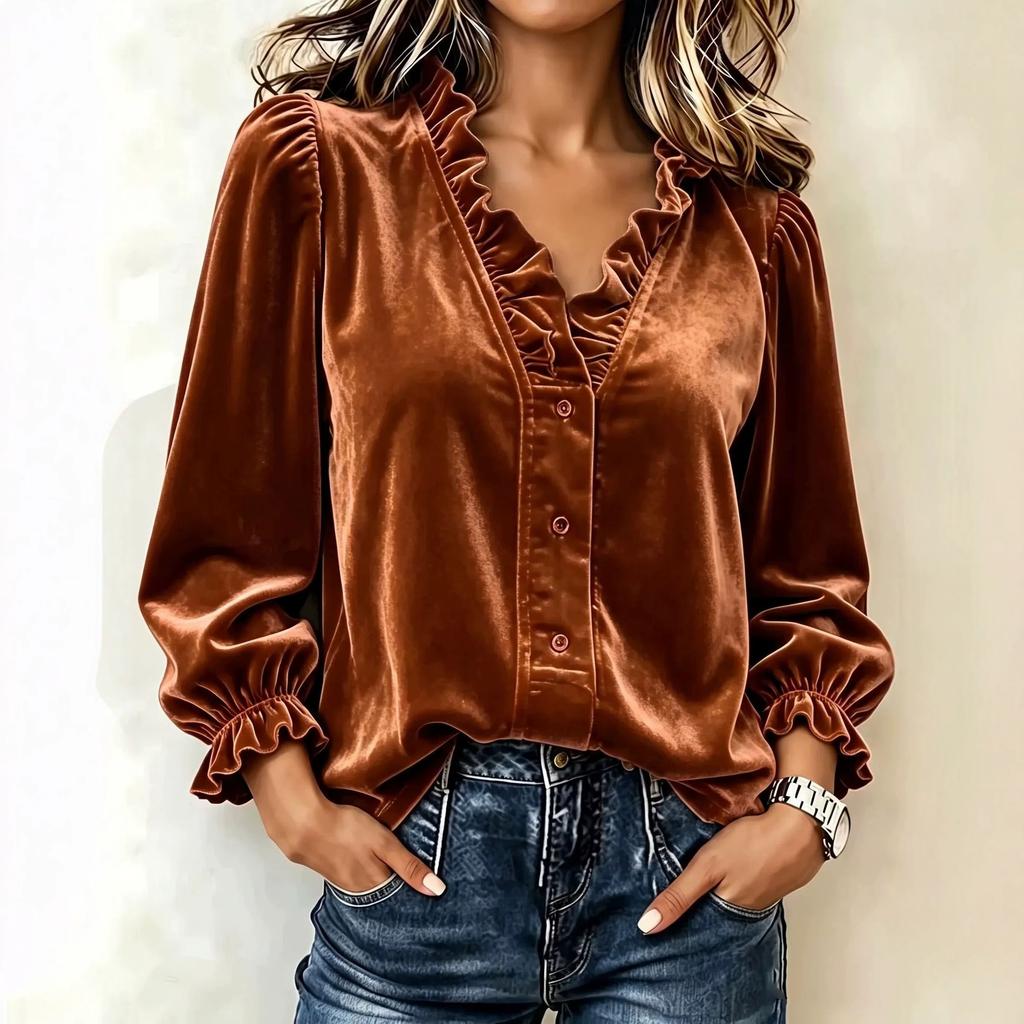 1116 Europe, America, women's new solid color velvet ruffle edge collar long-sleeved V-neck top with buttons
