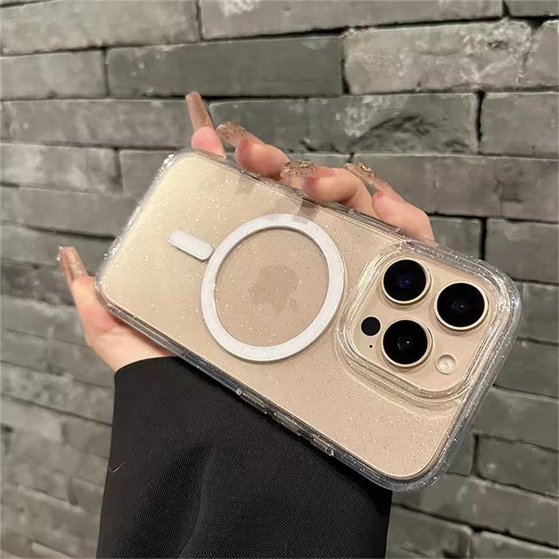 Для Magsafe Bling Glitter Прозрачный ударопрочный чехол для iPhone 16 12 13 14 15 Pro Max Plus Armor Hard Lens Protection Cover