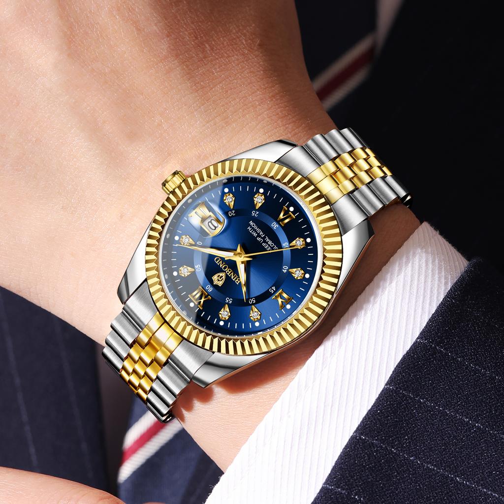 BINBOND Quartz Wristwatches For Men Luminous Waterproof Men's Watch Luxury Reloj Hombre Stainless Steel Montres Hommes +Box