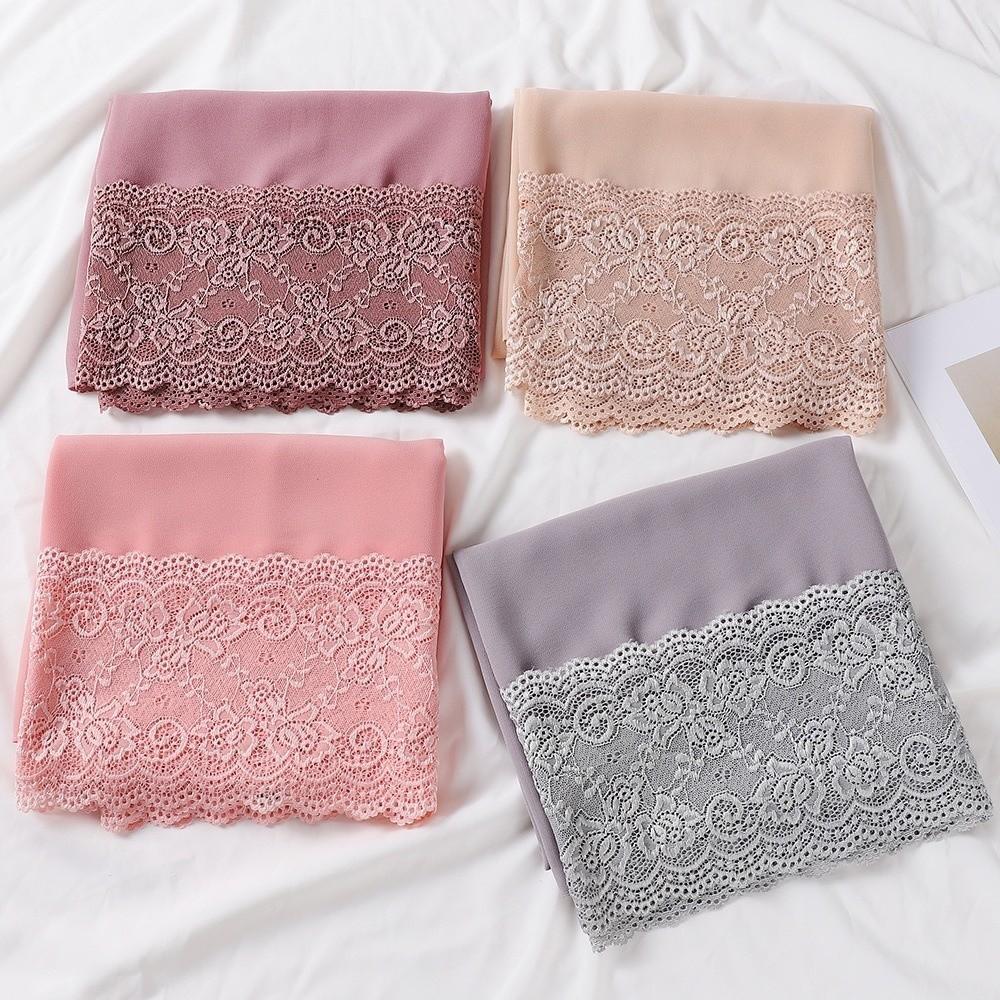 Solid Color Silk Scarf Lace Edge Ramadan Headscarf Versatile Headwraps Women Headwear