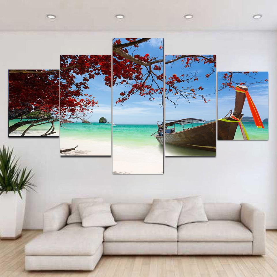 5 панелей, пейзаж, традиционная деревянная длинная лодка, пляж, холст, живопись, постеры и принты, настенное искусство, домашний декор, без рамки