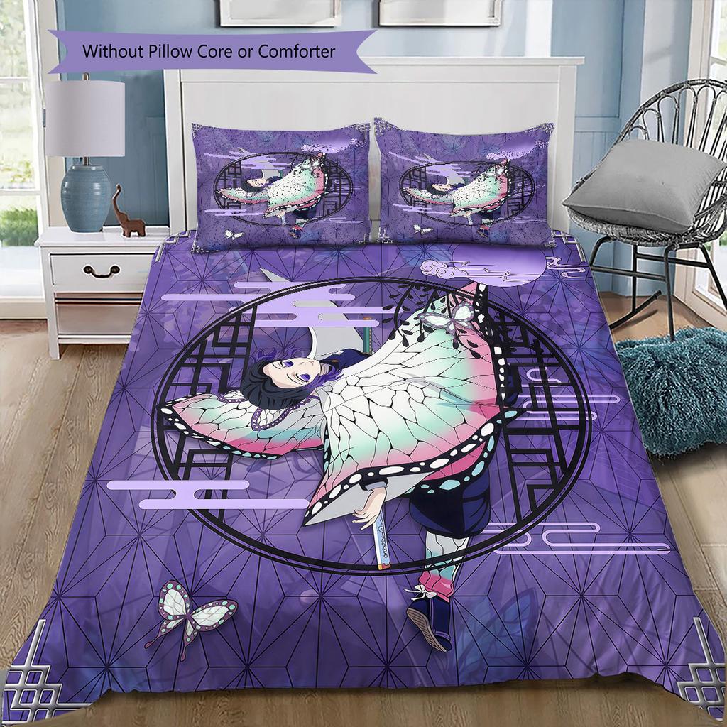 Demon Slayer Art Pattern Bedding Quilt Set Quilt Cover Pillowcase Home Birthday Gift(1 * duvet cover + 2 * pillowcase, without core)