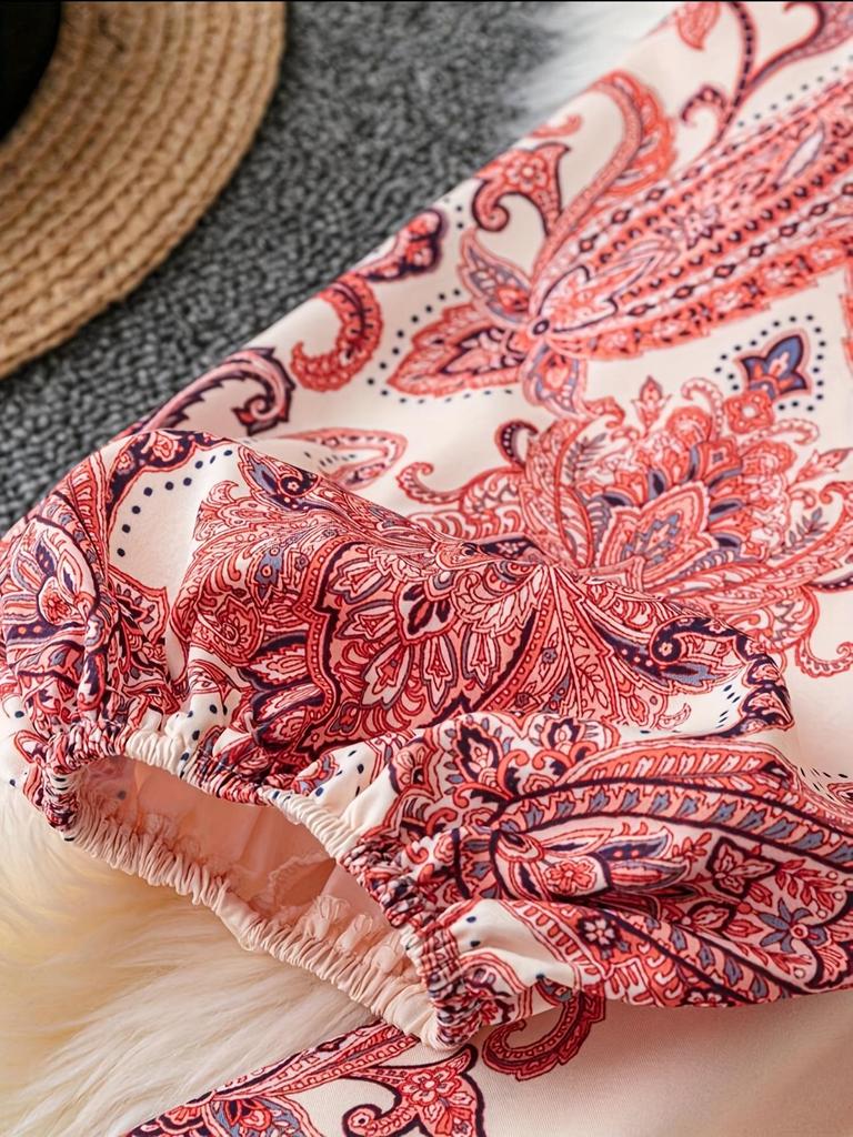 Весеннее французское ретро-платье с принтом, V-образным вырезом, рукавами-фонариками, затягивающейся на талии завязкой