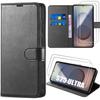Protective Case - BOOLING - for Samsung Galaxy S25 Ultra - Black PU Leather - 2 Tempered Glasses - Shockproof