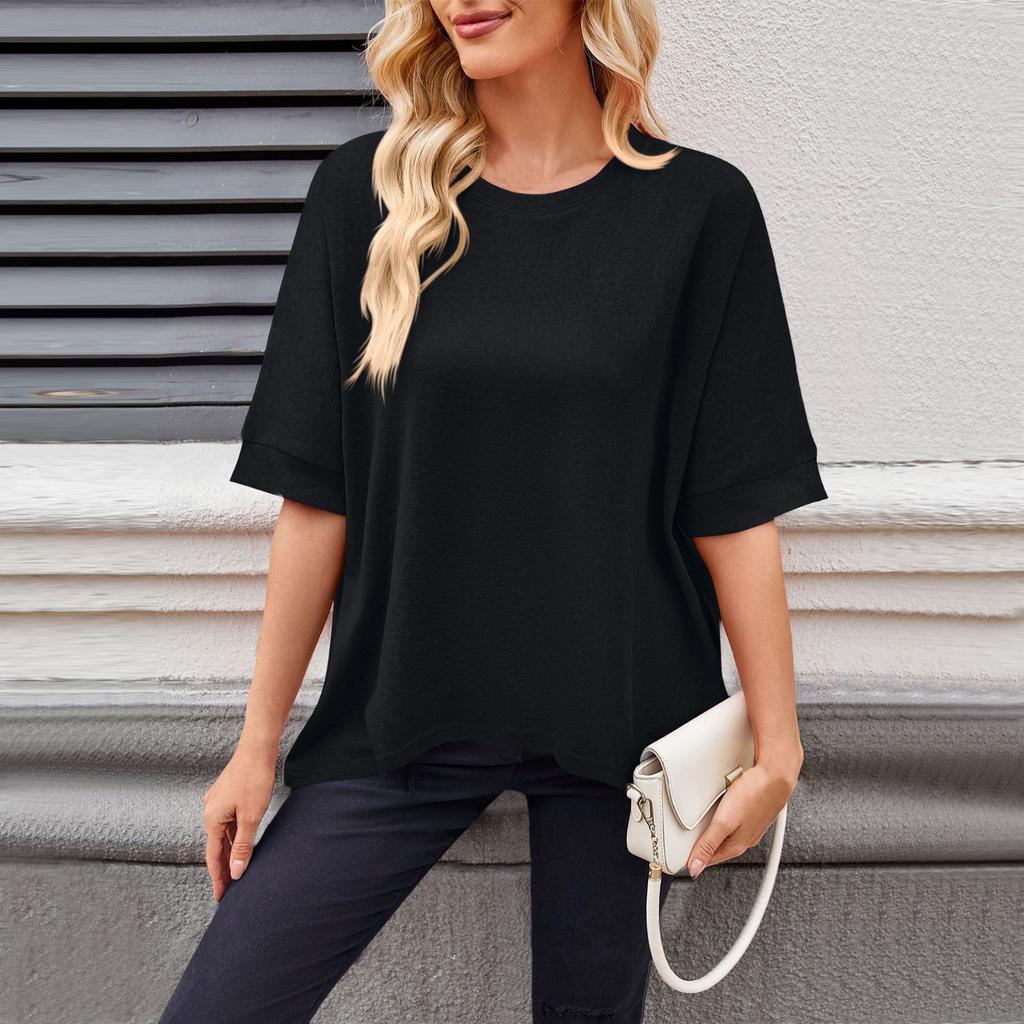 Women's Round Neck Solid Color Casual Loose Short Sleeve T-shirt Top
