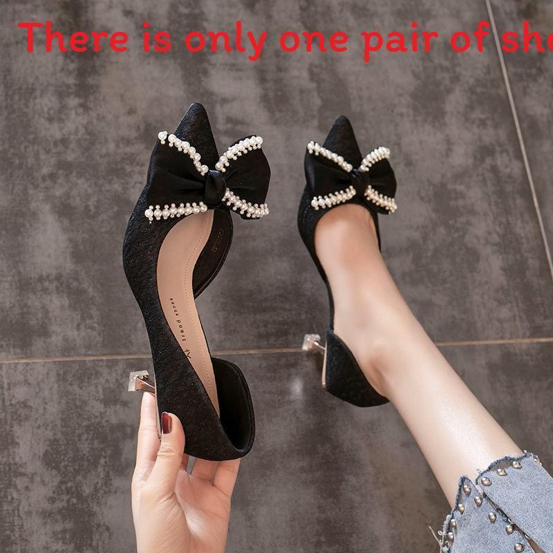 High Heels Women Elegant Pearl Butterfly Knot Pointed Toe Slipon For Daily Wear