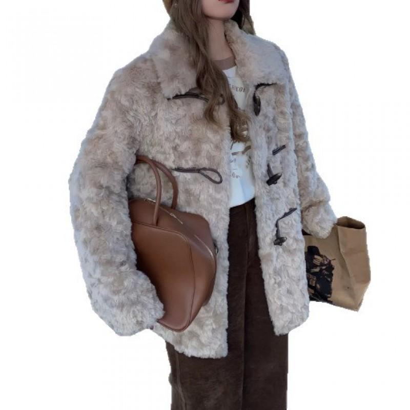 Womens Warm Faux Fur Coat With Horn Buttons Loose Fit Mid-Length Winter Outerwear