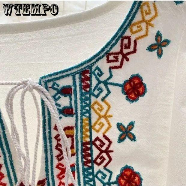 Women's Long Sleeve Round Neck Boho Dress Ethnic Long Embroidered Cotton Seaside Vacation Dresses