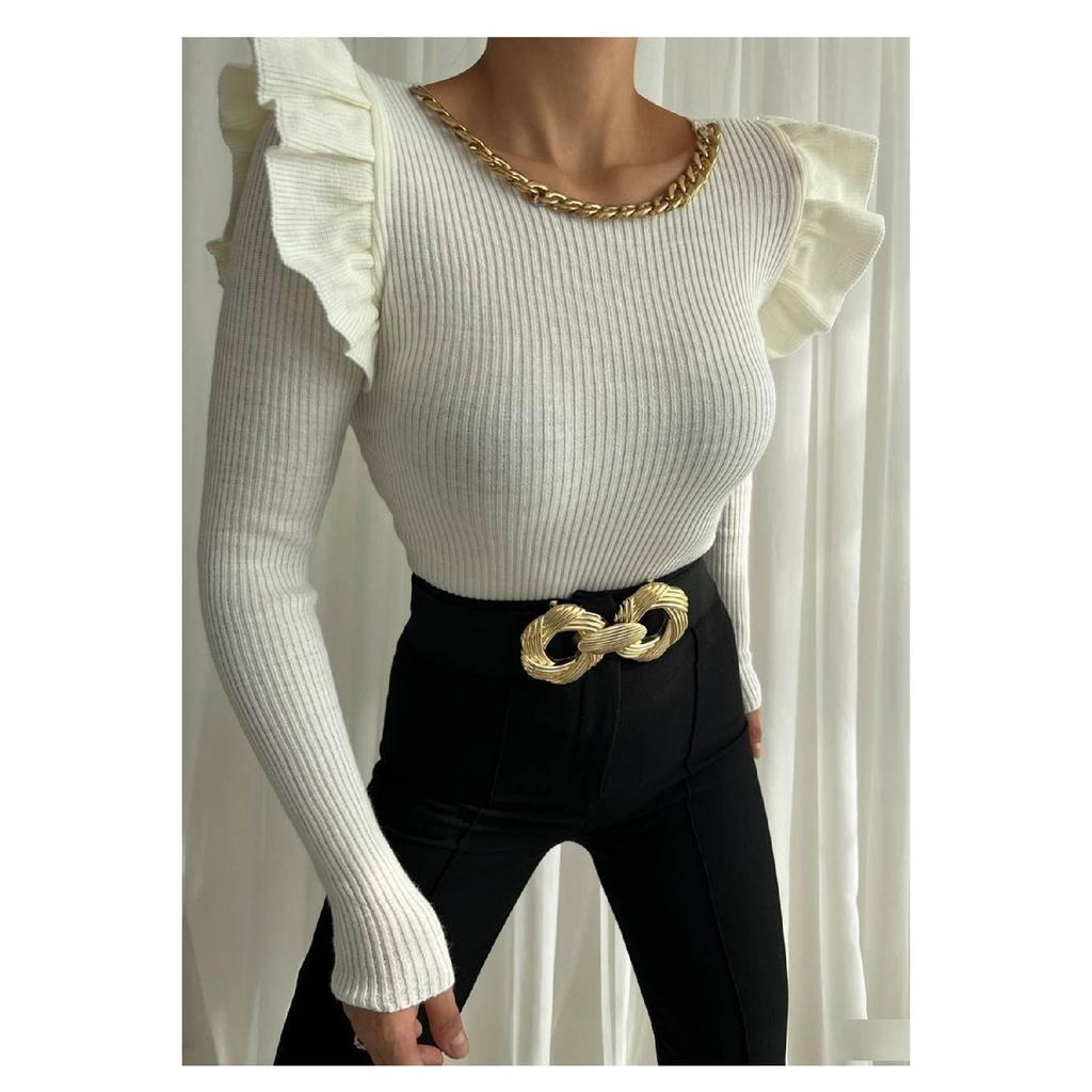 Экрю Гибкий трикотаж на плечах Стильный дизайн Базовый трикотаж Свитер 0250