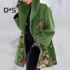 Women Fall Winter Overcoat Flower Print Loose Thick Warm Long Sleeve Plus Size Mid Length Turn Down Collar Elegant Style Street Cardigan Coat