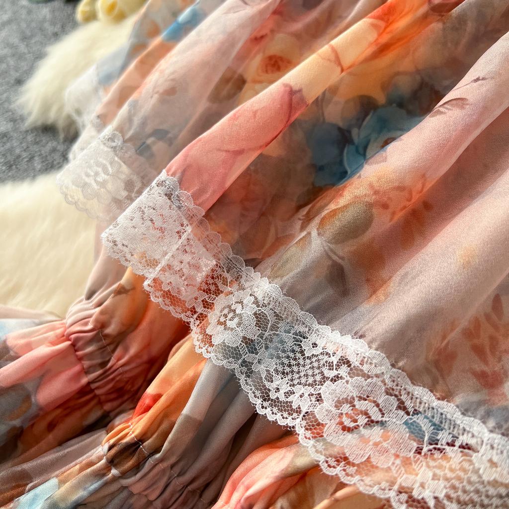 Высококачественное цветочное пляжное макси-платье для женщин с разрезом по горловине, эластичное отпускное шифоновое платье А-силуэта с кружевным принтом, длинный сарафан