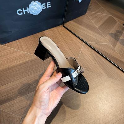 [] Овчина~ Корейские шлепанцы на высоком каблуке женские металлическая пряжка узор крокодила толстый каблук средний каблук крутые шлепанцы для улицы