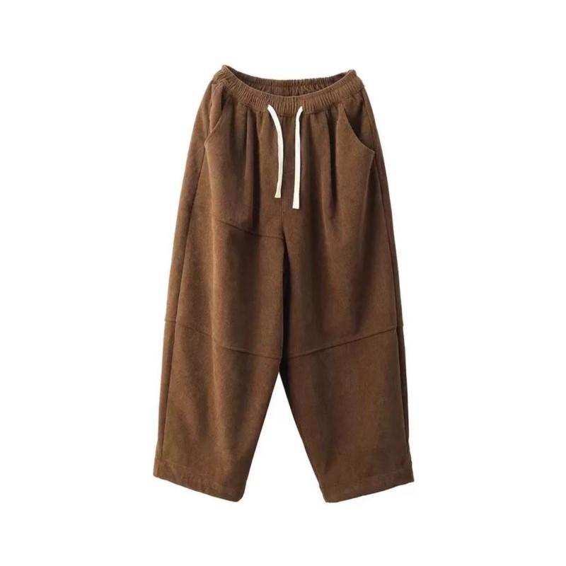 Johnature Woman Winter Vintage Splicing Solid Color Cotton Harem Pants Elasticated Waist Chinese Style Casual Pants