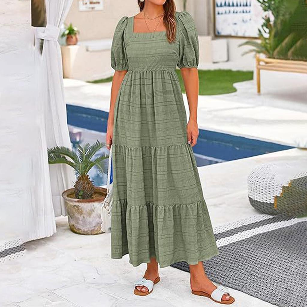 Women's Fashionable Solid Color Bubble Sleeve Square Neck Back Pleated Short Sleeved Pocket Dress