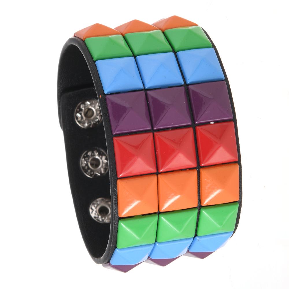 Multicolor Square Stud Faux Leather Bracelet - Punk Style