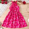 2024 Летнее платье для девочек с розовым узором «Любовь» и милой юбкой-трапецией на подтяжках Детская одежда