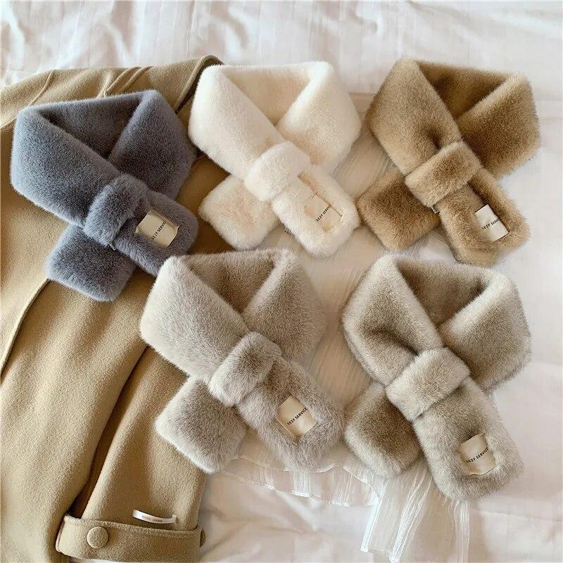 Winter Hairy Snood Scarves Women Faux Rabbit Fur Cross Scarves Solid Color Fluffy Shawls Plush Warmer False Collar Neckerchief