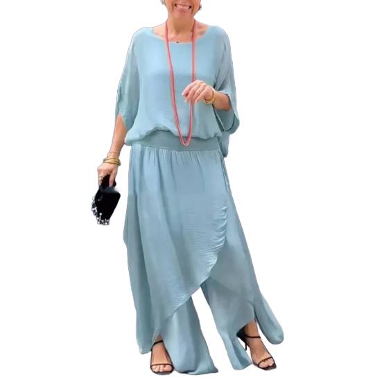 Women's Casual Two Piece Chiffon Set Plus Size Mother of Bride Dressy Suit Crew Neck Top Wide Leg Pant Flowy Wedding Guest Outfit