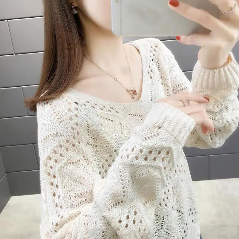Hollow Knitted Sweater Women's Pullover Spring and Autumn V-neck Blouse Loose Outer Sweater Bottoming Shirt