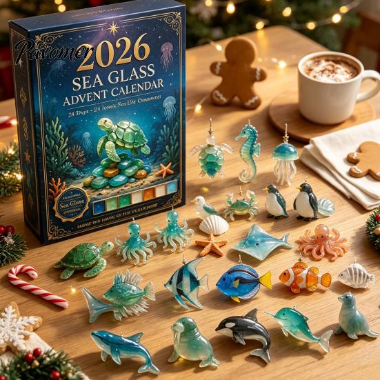 Christmas Room Decoration Sea Glass Marine Life Advent Calendar, 24 Day Countdown Box Festive Desktop Ornaments with Ocean Animal Acrylic Ornaments,