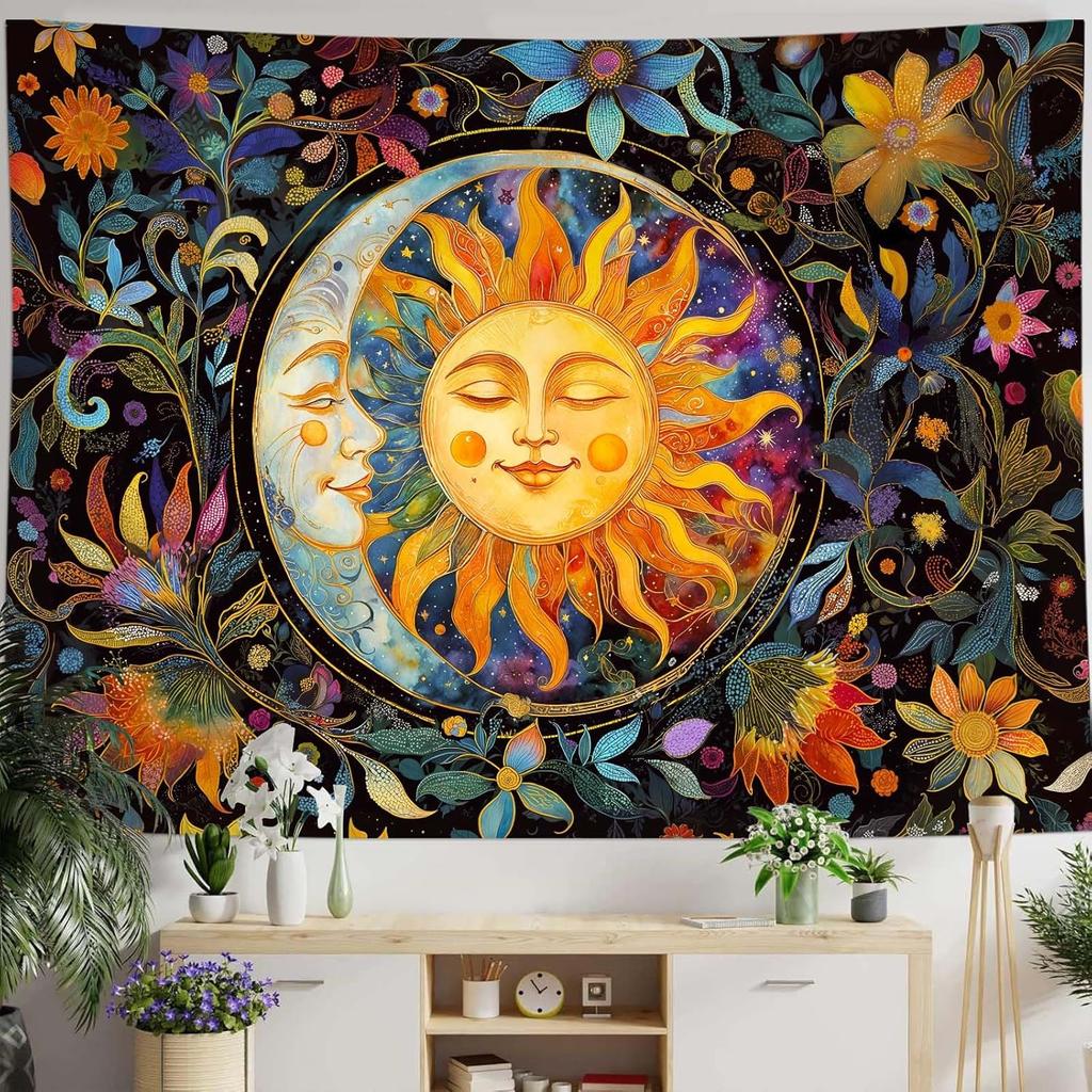 Wegklazax Abstract Sun and Moon Floral Tapestry, Bohemian Hippie Cosmic Wall Art for Room Decor, Artistic Nature Home Decor