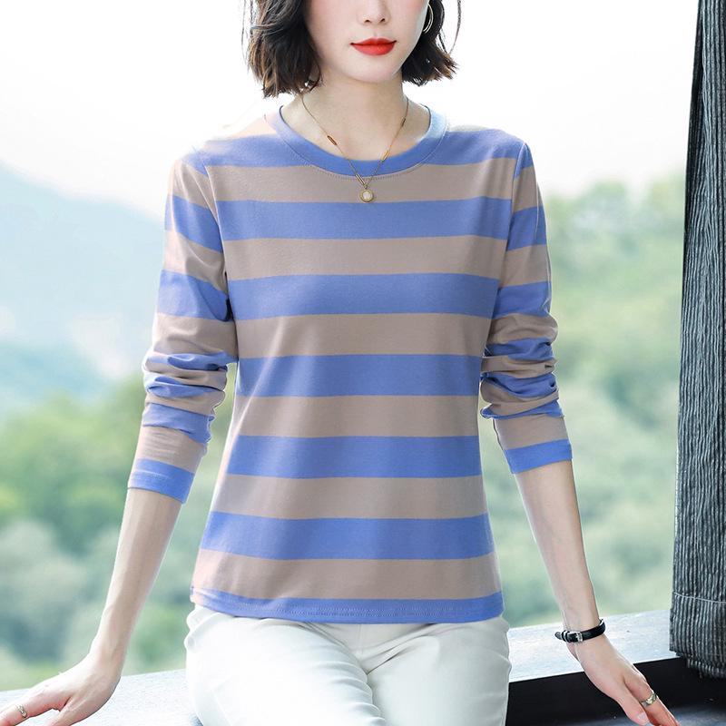 2024 Women's Loose Pure Cotton Long-Sleeve T-Shirt for Spring & Autumn - Fashionable Top for Middle-Aged Moms