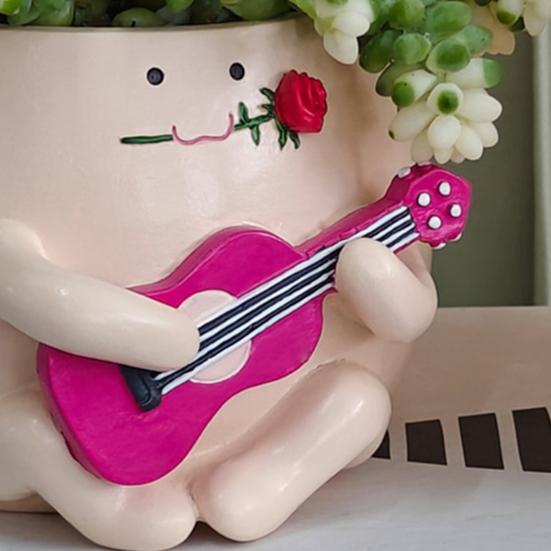 Guitar Smiling Face Planter Pot Resin Ukulele Head Flowerpot Indoor Outdoor Cactus Succulent Plants Container Home Balcony Garden Decoration