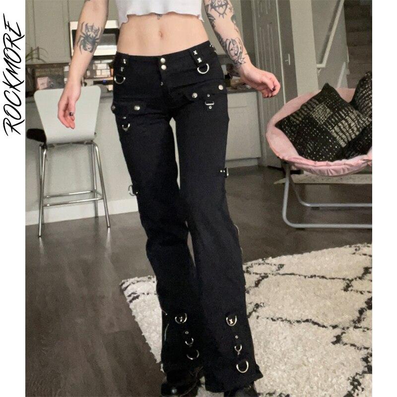 Rockmore Gothic Skinny Low Waist Jeans Woman Punk Cargo Pants Rivet Dark Academic Black Denim Trousers Capri Fashion Streetwear
