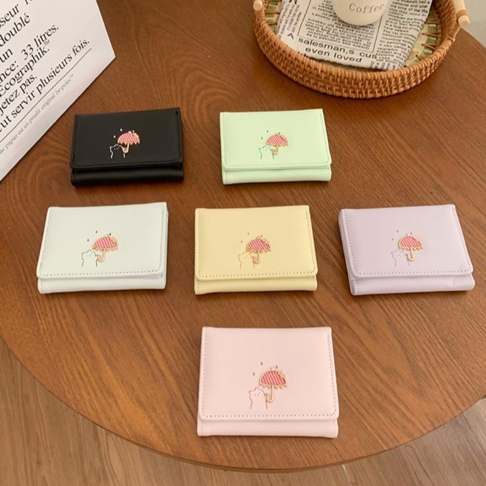 Korean Style Cartoon Short Wallet Solid Color Coin Purse Fashion Three Fold Card Bag Outdoor