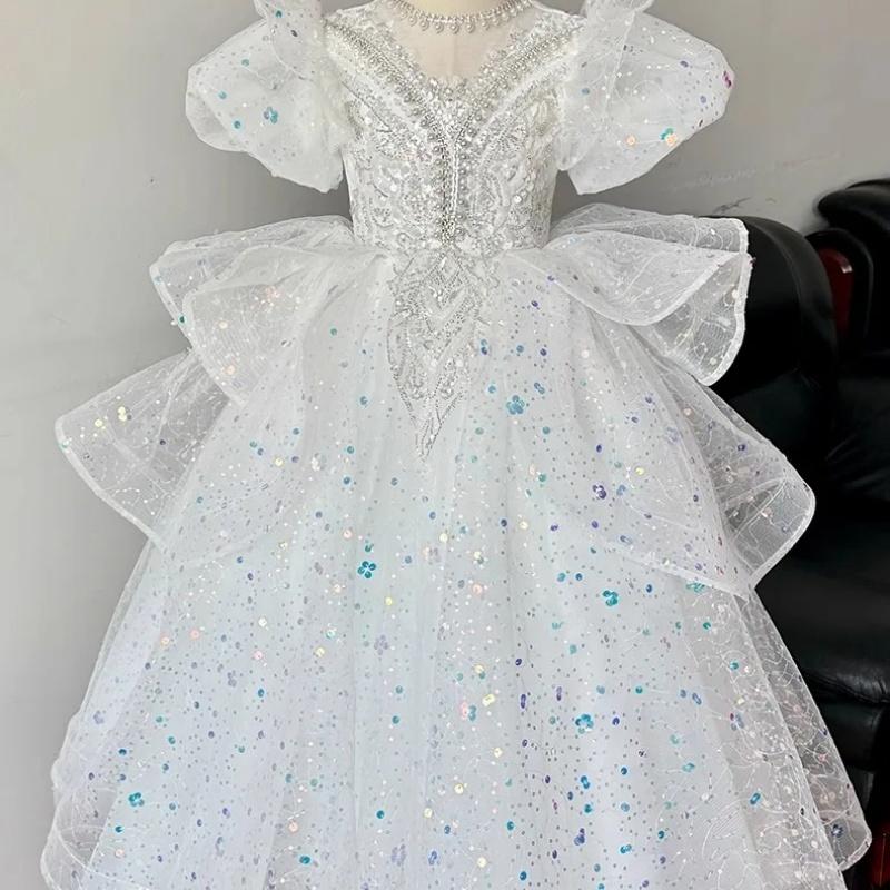 2025 Baby Girl Princess Dress Sequin Party Dresses for Children Puff Sleeves Clothing Classy Flower Girls Costume for Wedding