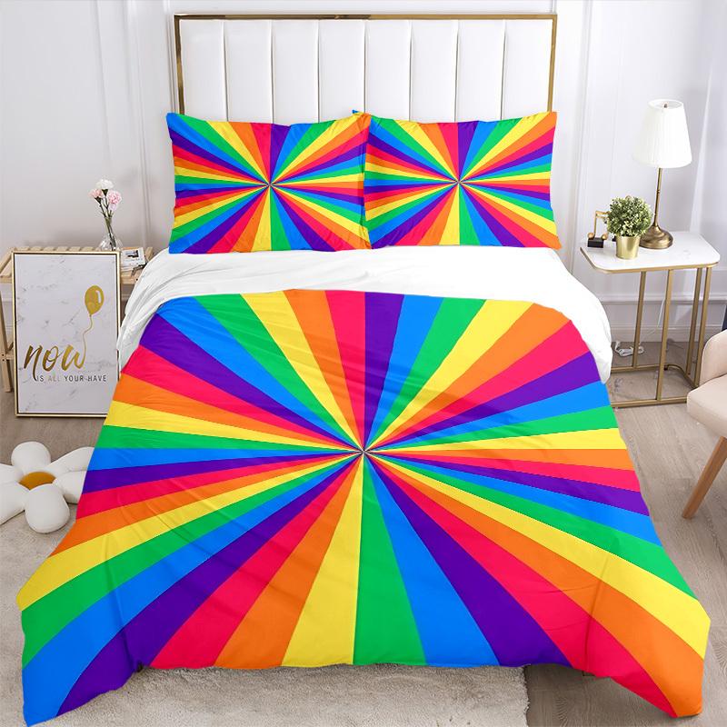 3pc Rainbow Stripes Cover Set - 1 Quilt Cover + 2 Pillowcases, All Seasons Bedroom Setting, Perfect for Home080