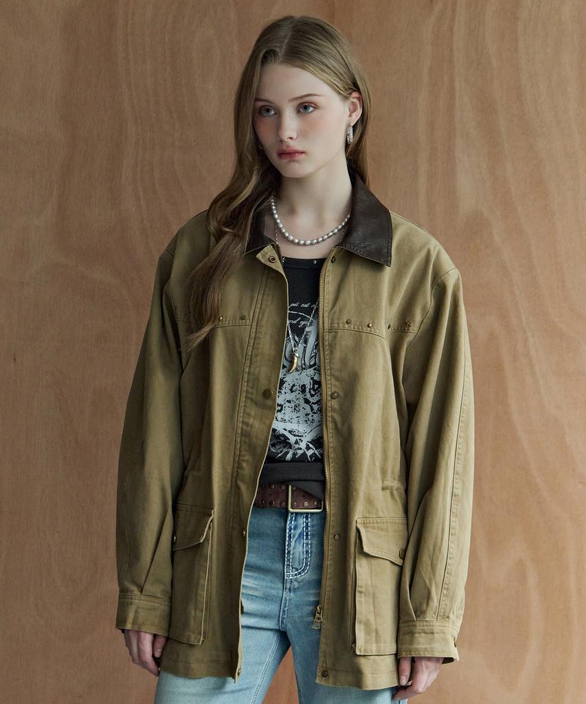 MAXZA Washed Cotton Leather Contrast Studded String Work Jacket