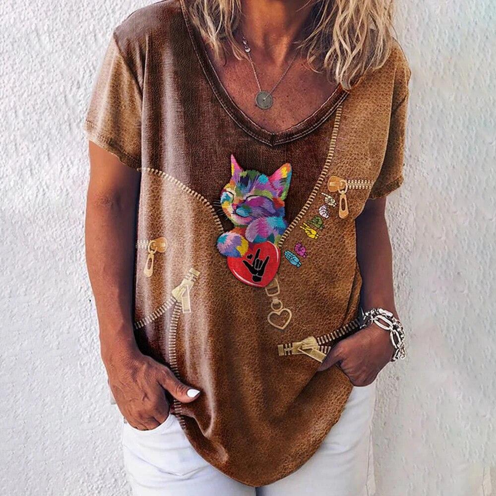 Fashion Woman Blouses T-shirt Women's 3d Cats Print Black Kawaii V-neck T Shirt Female Clothing Oversized Summer Tops Tees