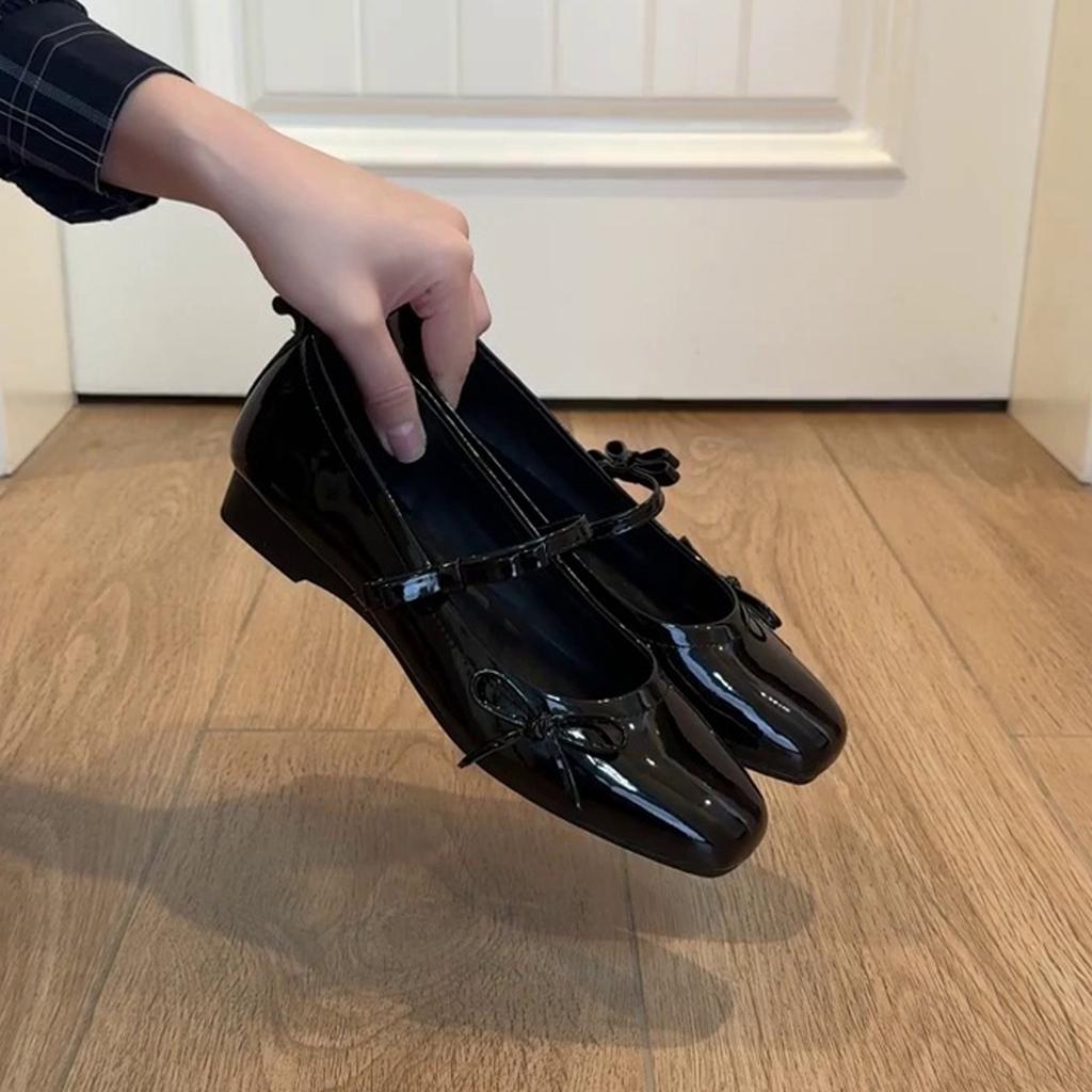 Овчина~ Французские одинарные туфли женские балетки с плоским бантом туфли с открытым верхом вечерние туфли черные ретро туфли Мэри Джейн