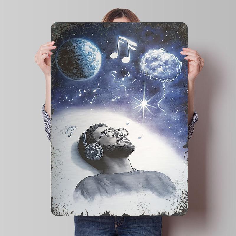 Man Listening to Music in Space Metal Poster Customized Wall Art Retro Vintage Tinplate Signs for Decoration Bedroom Decorations