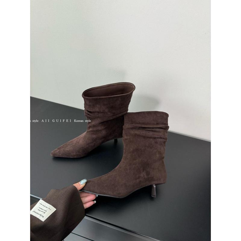 2025 Autumn and Winter New Stacking Boots Women's Suede Pointed Head Thin Middle Heel Short Boots Women's Sleeve Western Cowboy Short Boots Women's