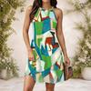 Women Plus Size High Round Neck Sleeveless Striped Printed Flared Dress